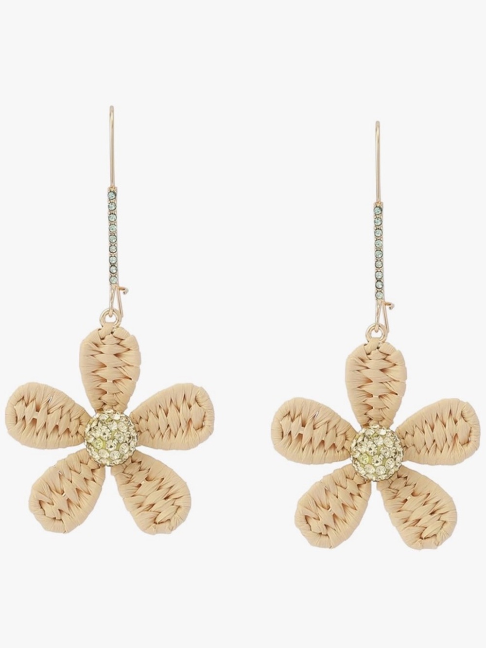 Betsey Johnson Beige Woven Flower Dangle Earrings with Crystal Centers